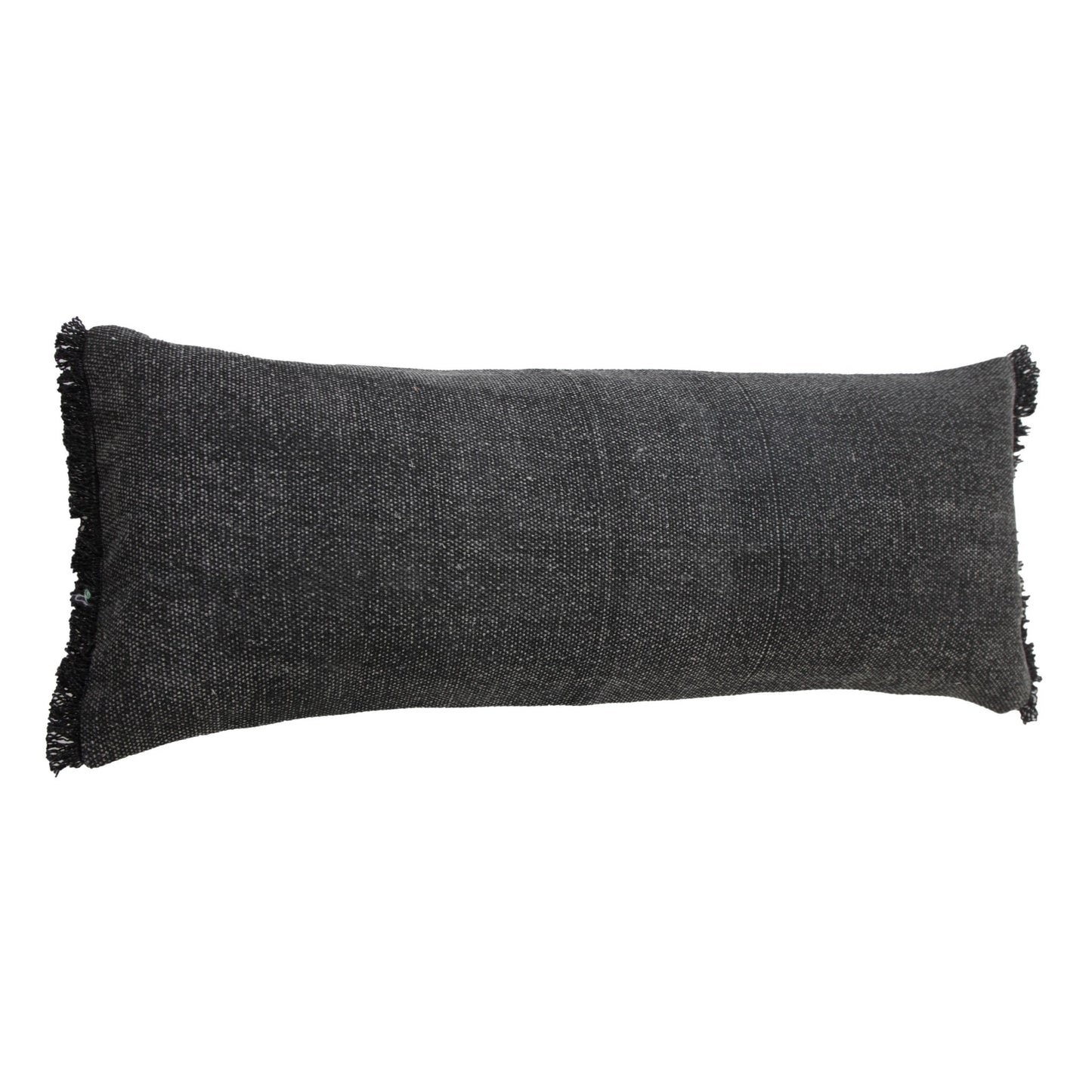 14" X 36" Black Stonewashed Cotton Throw Pillow With Fringe FurniFindUSA