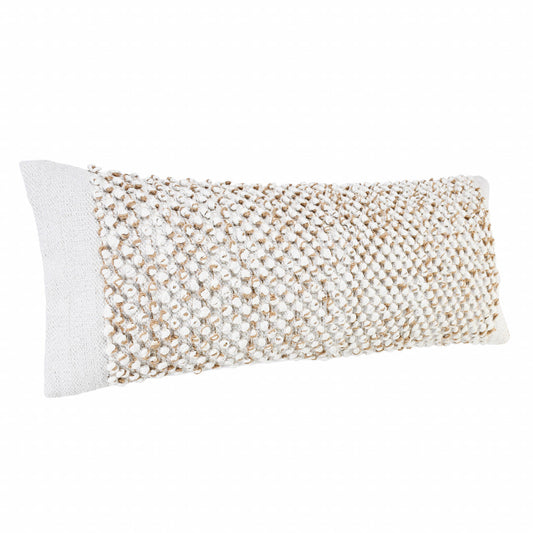 14" X 36" White And Tan 100% Cotton Abstract Zippered Pillow FurniFindUSA
