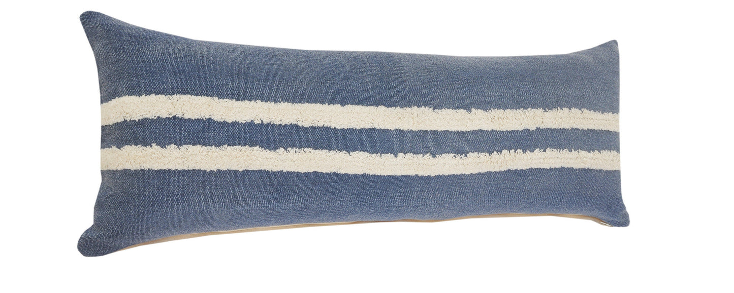 14" X 36" Dusty Blue And White 100% Cotton Striped Zippered Pillow FurniFindUSA