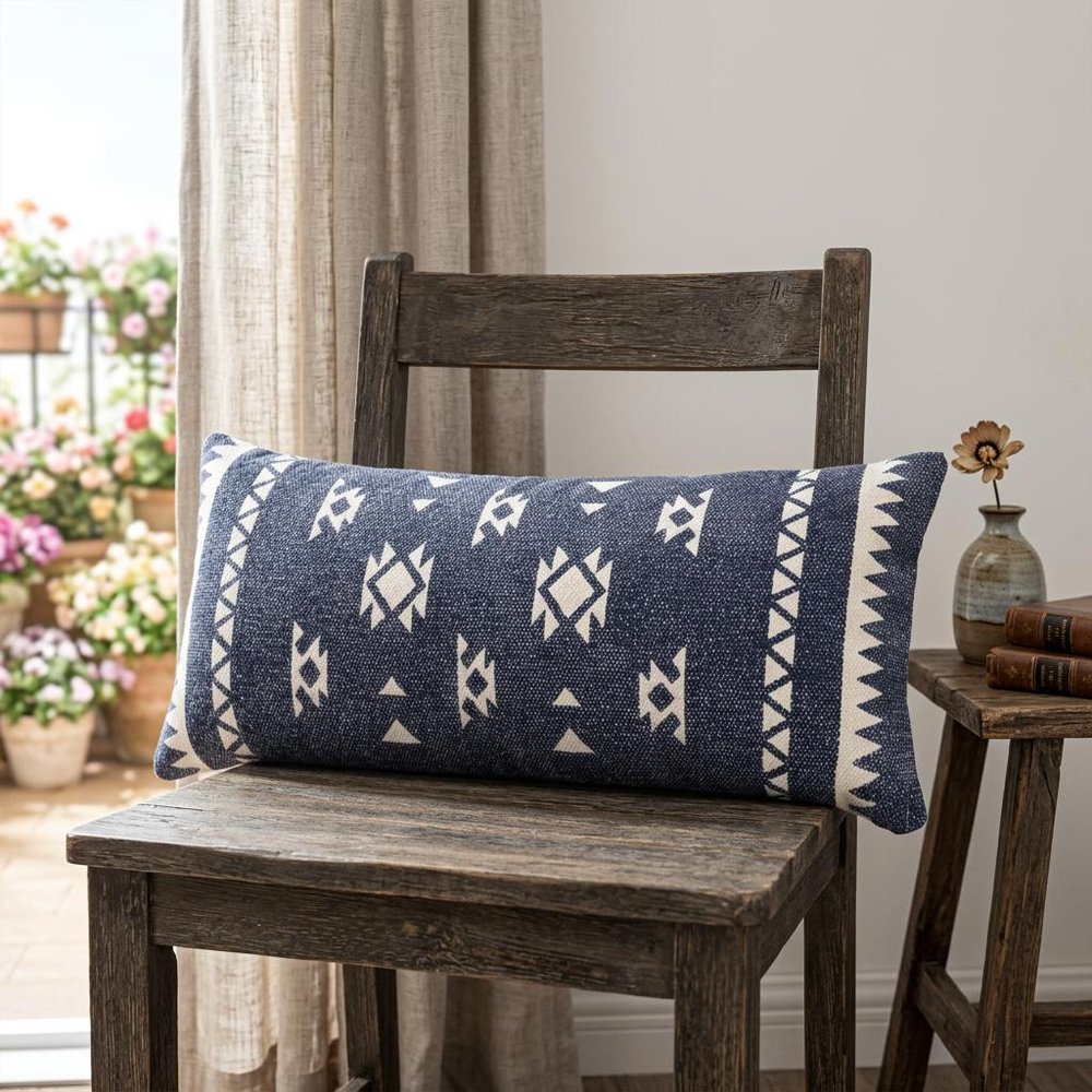 14" X 36" Navy Blue And White Cotton Geometric Throw Pillow HomeRoots