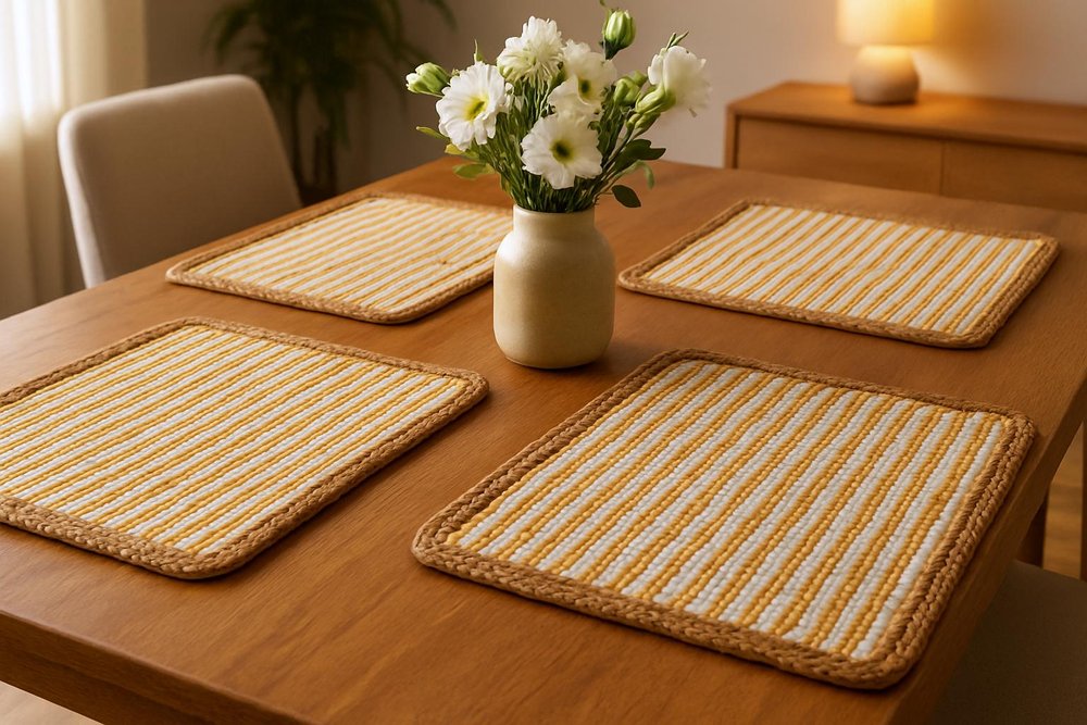 19" Set of Four Cream Yellow And Natural Striped Cotton And Jute Placemats HomeRoots