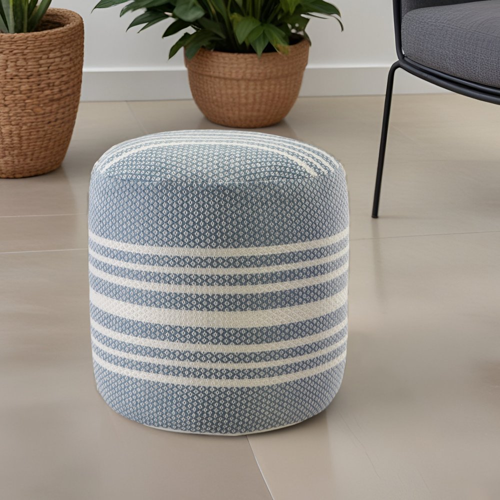 20" Blue Polyester Round Striped Indoor Outdoor Pouf Ottoman HomeRoots