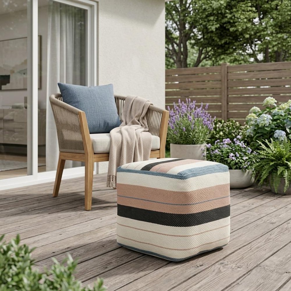 20" White Polyester Striped Indoor Outdoor Pouf Ottoman HomeRoots