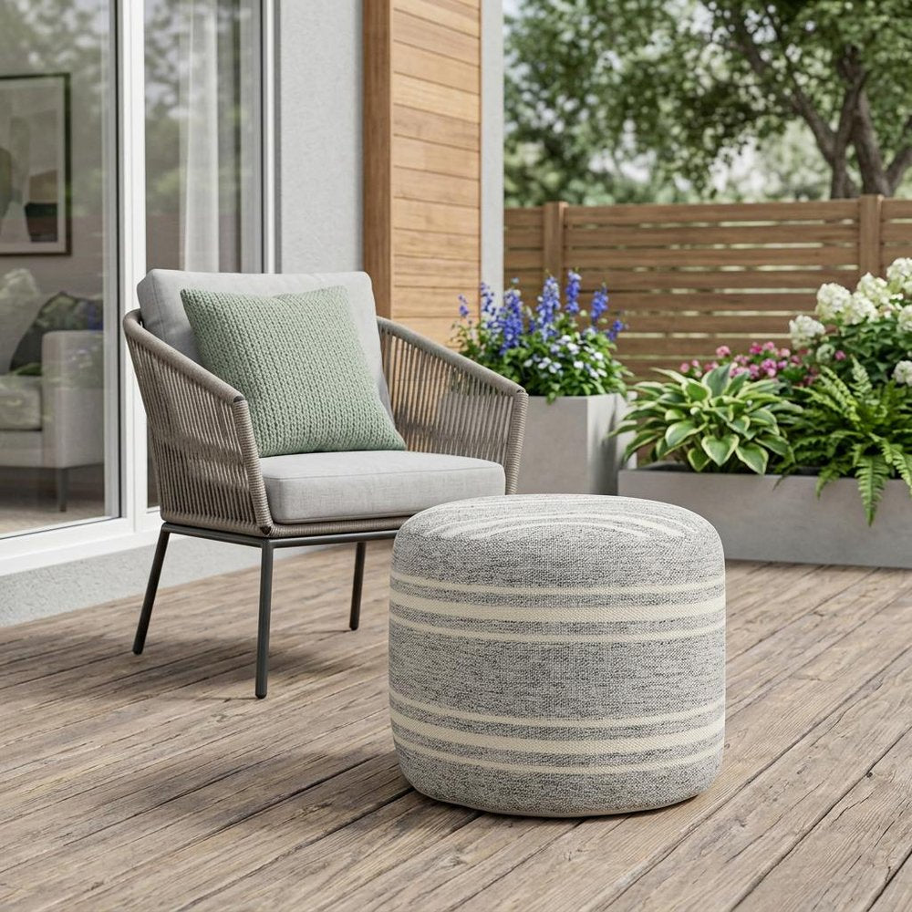 18" Gray Polyester Round Striped Indoor Outdoor Pouf Ottoman HomeRoots