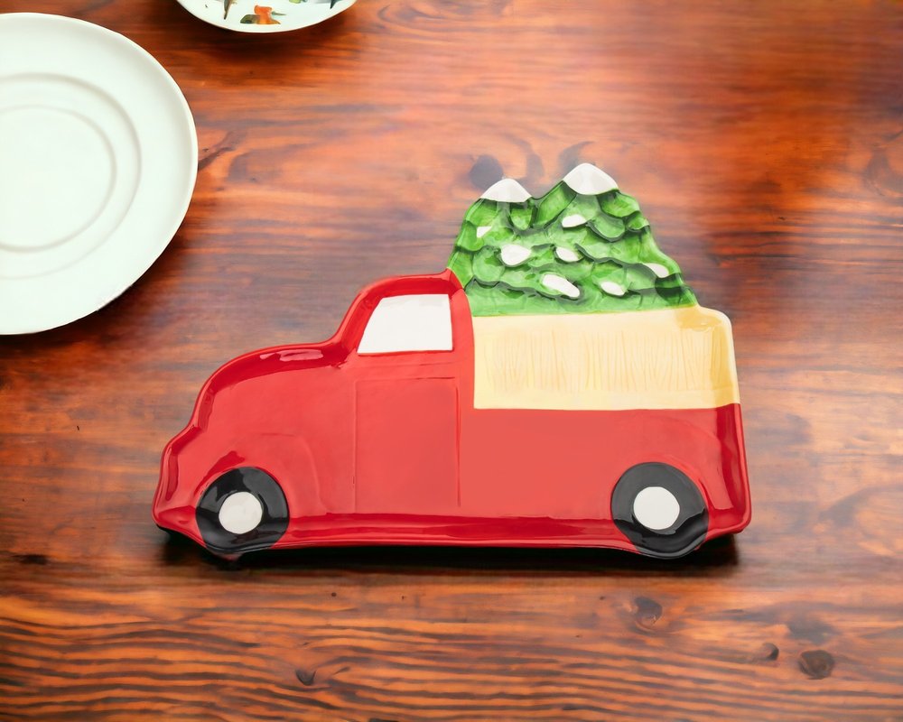 18" Green and Red Red Truck Porcelain China Christmas Serving Tray HomeRoots