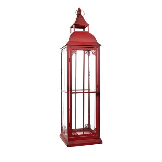 Set of Three Red Distressed Ornate Glass And Metal Floor Lantern Candle Holders HomeRoots