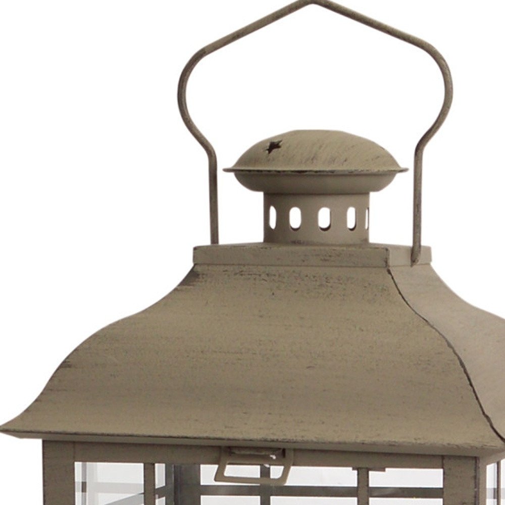 Set of Three Brown Distressed Geometric Glass And Metal Floor Lantern Candle Holders HomeRoots