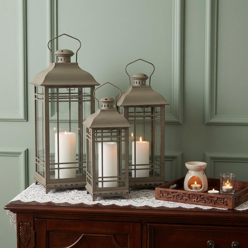 Set of Three Brown Distressed Geometric Glass And Metal Floor Lantern Candle Holders HomeRoots
