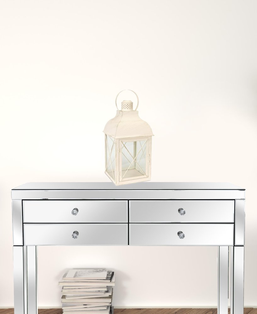 Set of Three Ivory Distressed Geometric Glass And Metal Floor Lantern Candle Holders HomeRoots