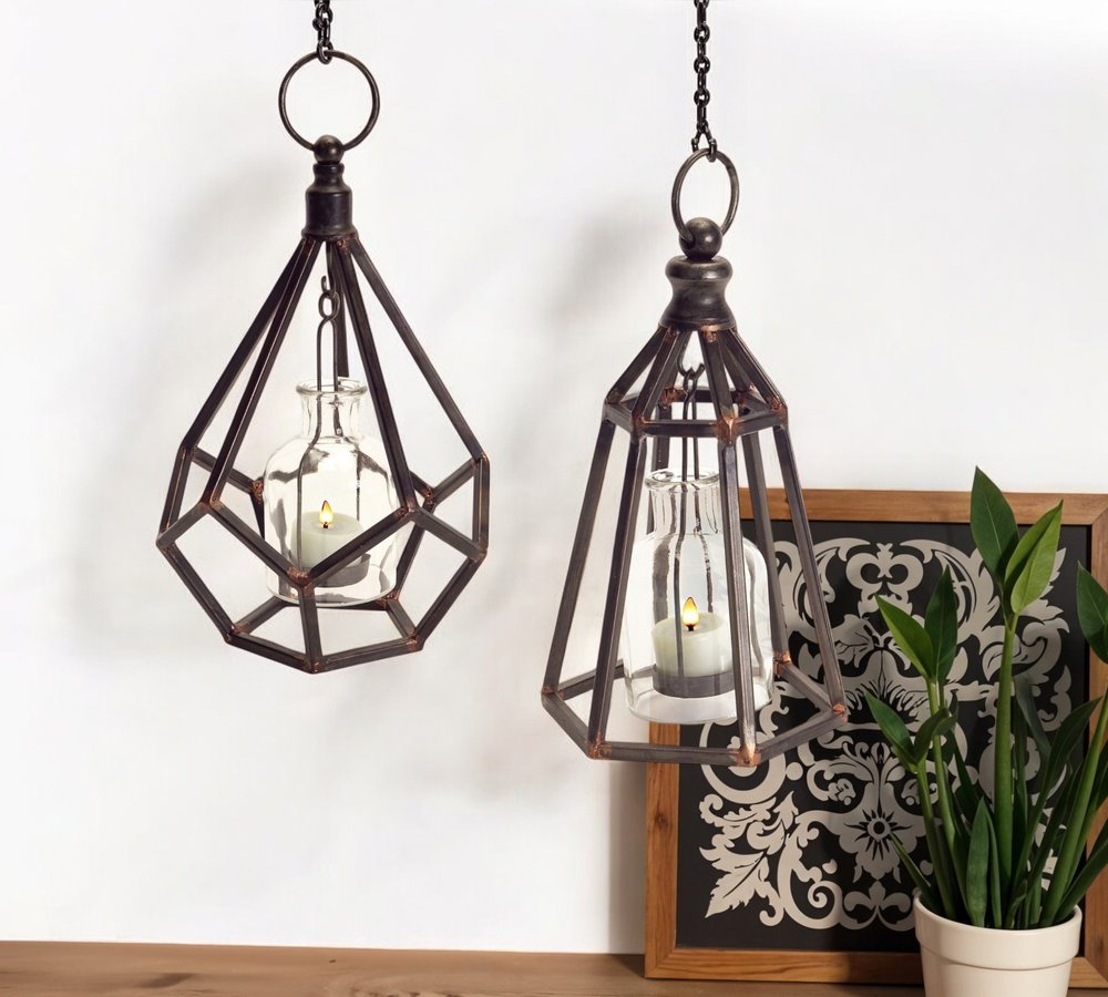 Set of Two Black Metal Geometric Tabletop Tealight Candle Holders HomeRoots