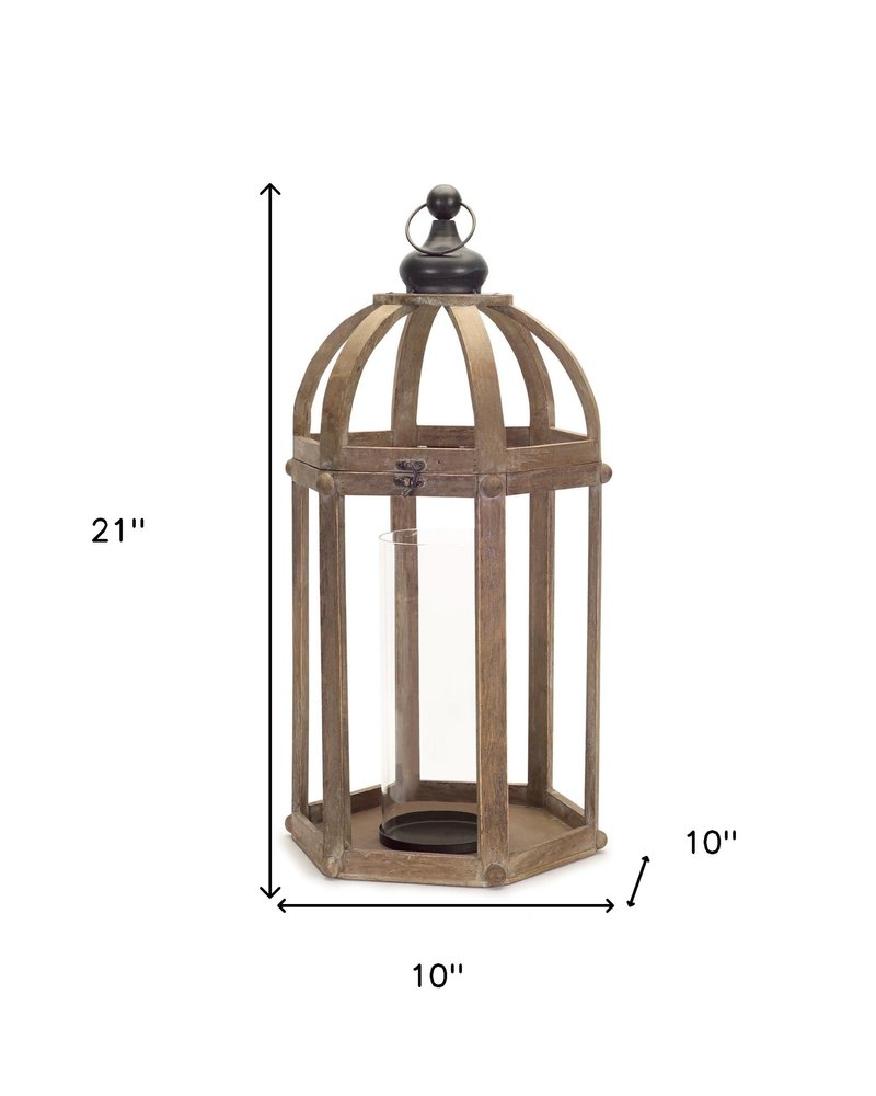 Set of Two Brown Distressed Wood And Glass Floor Lantern Candle Holders HomeRoots