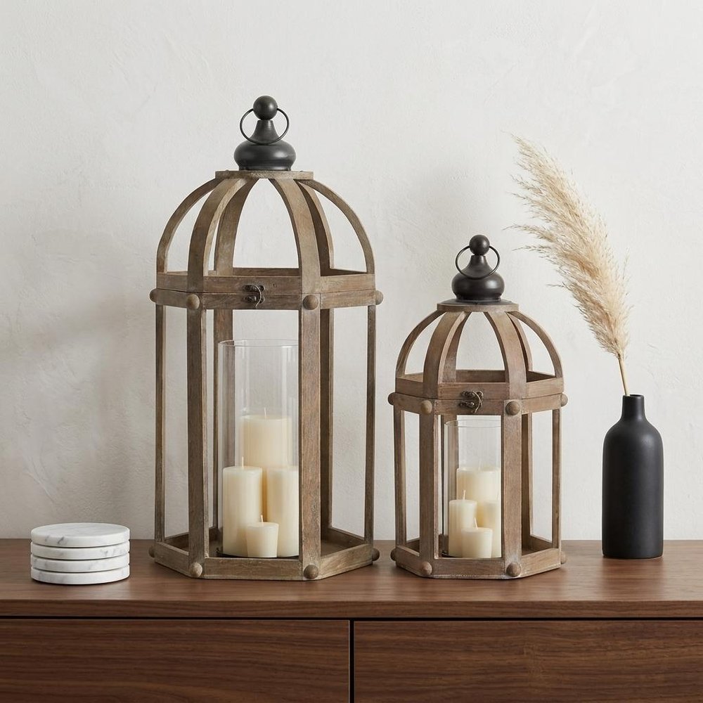 Set of Two Brown Distressed Wood And Glass Floor Lantern Candle Holders HomeRoots