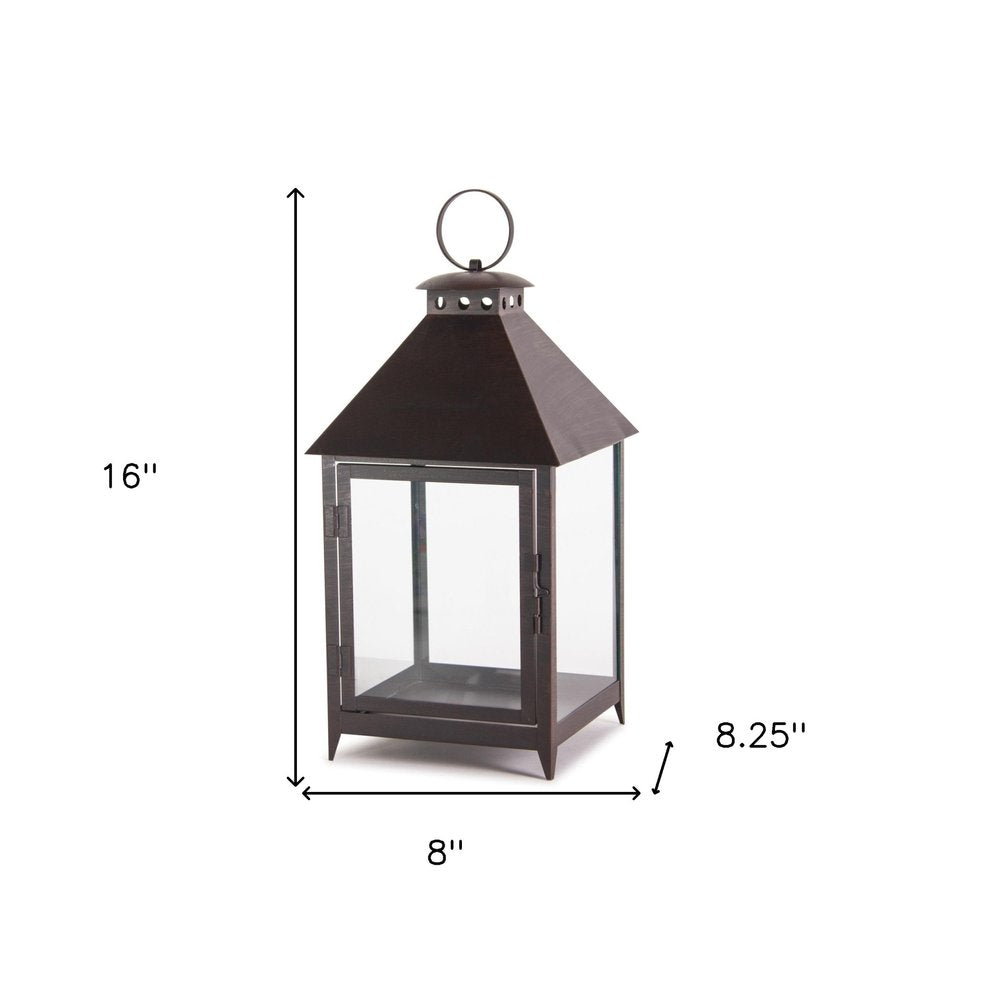 Set of Two Black Geometric Iron And Glass Floor Lantern Candle Holders HomeRoots