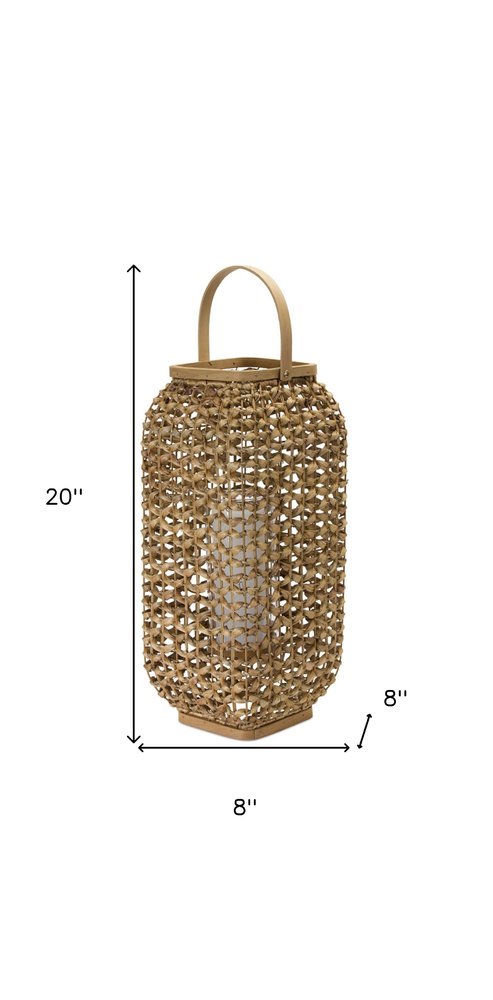 20" Natural Distressed Woven Glass And Wicker Floor Lantern Candle Holder HomeRoots