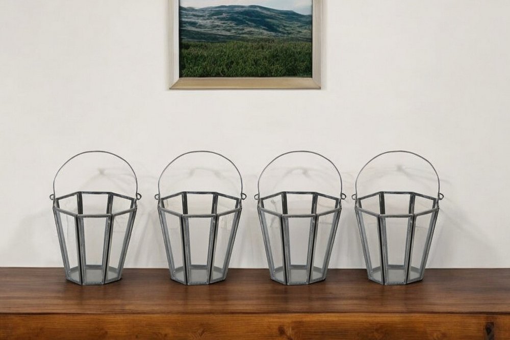 Set of Four Gray Distressed Geometric Iron And Glass Tabletop Votive Candle Holders HomeRoots