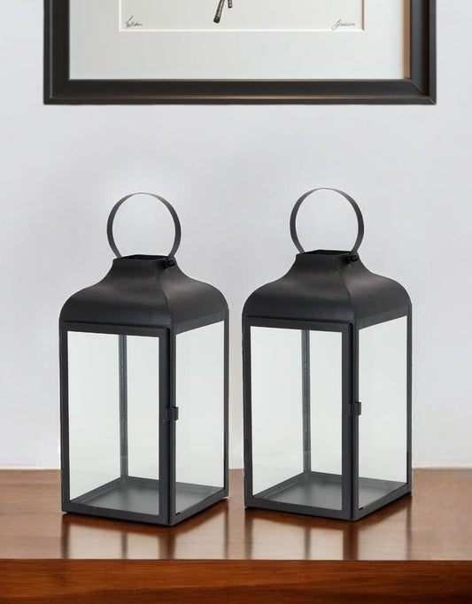 Set of Two Black Distressed Iron Floor Lantern Candle Holders HomeRoots
