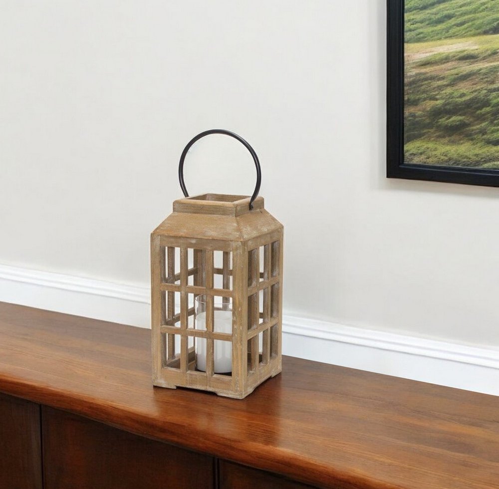 13" Natural Distressed Wood And Glass Centerpiece Lantern Candle Holder HomeRoots