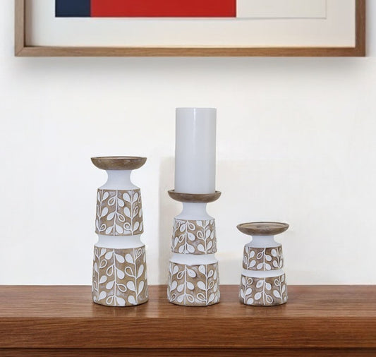 Set of Three Brown And White Botanical Leaf Stone Powder Tabletop Pillar Candle Holders HomeRoots