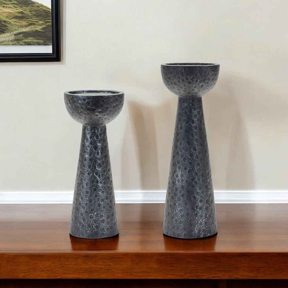 Set of Two Black Distressed Hammered Polyresin Tabletop Pillar Candle Holders HomeRoots