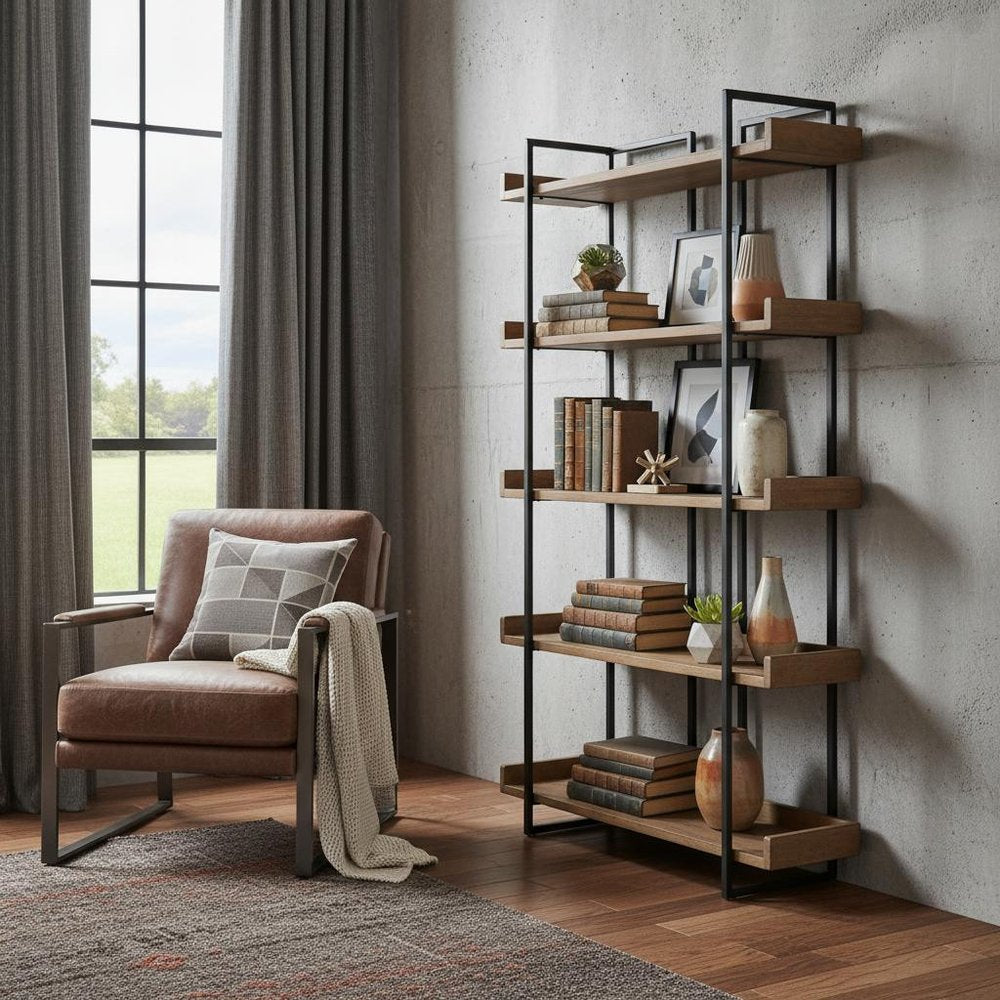 75" Black And Brown Metal and Wood Five Tier Bookcase HomeRoots