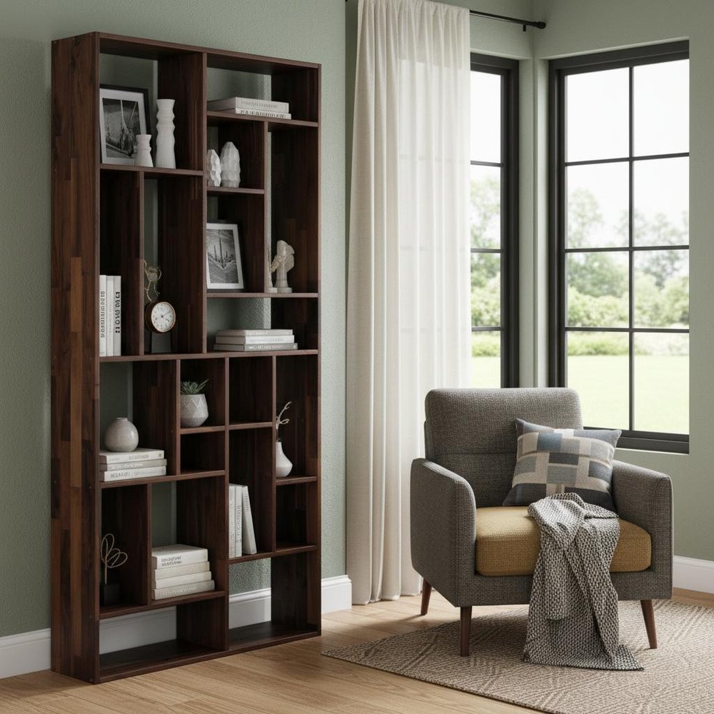 86" Brown And Natural Solid Wood and Wood Ten Tier Bookcase HomeRoots
