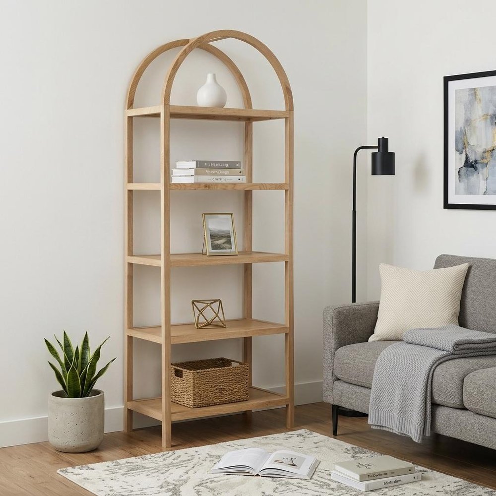 80" Natural Wood Five Tier Arched Top Bookcase HomeRoots