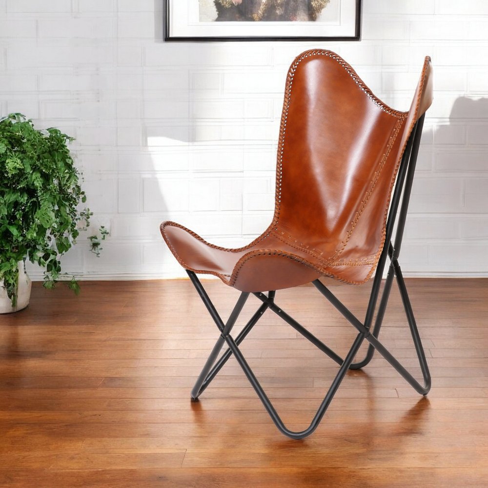 32" Brown and Black Genuine Leather Butterfly Chair HomeRoots