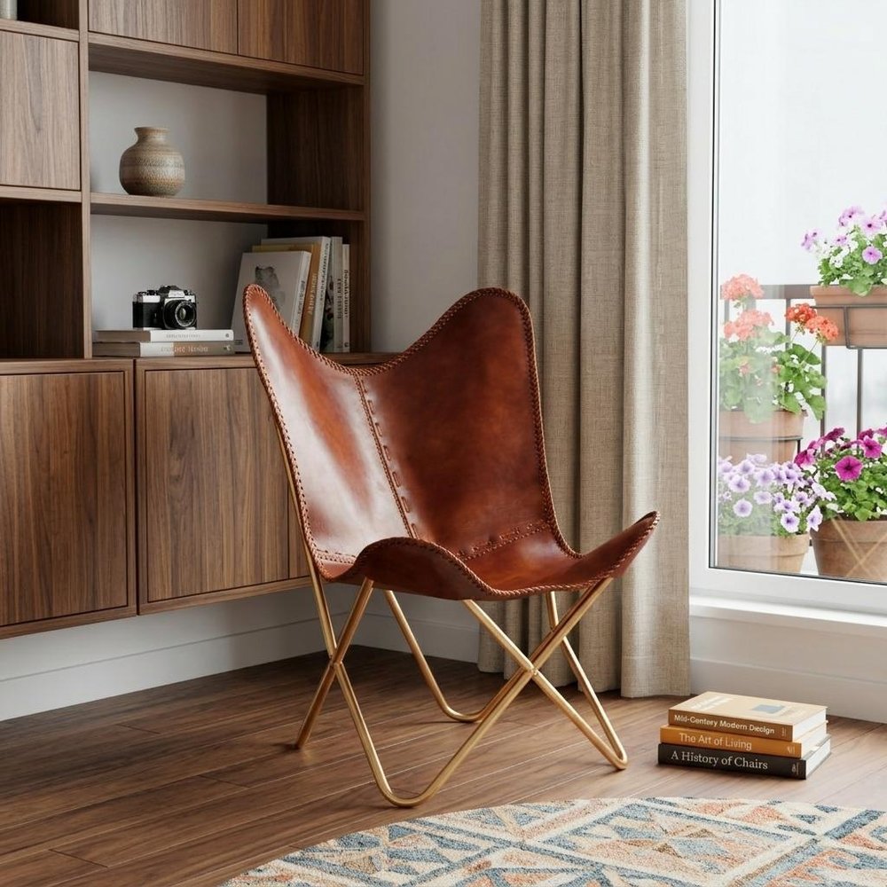 32" Brown and Gold Genuine Leather Butterfly Chair HomeRoots