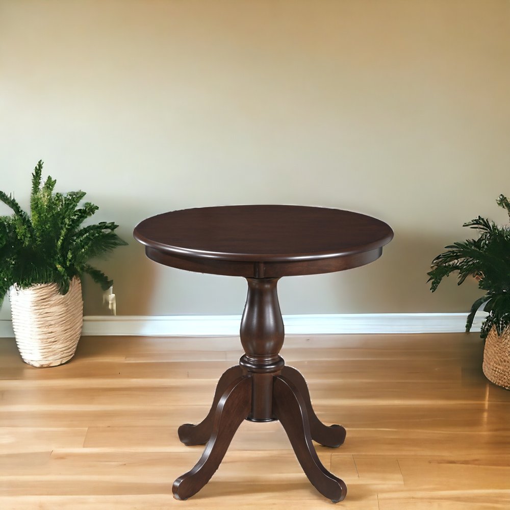 30" Espresso Rounded Solid Manufactured Wood And Solid Wood Pedestal Base Dining Table HomeRoots