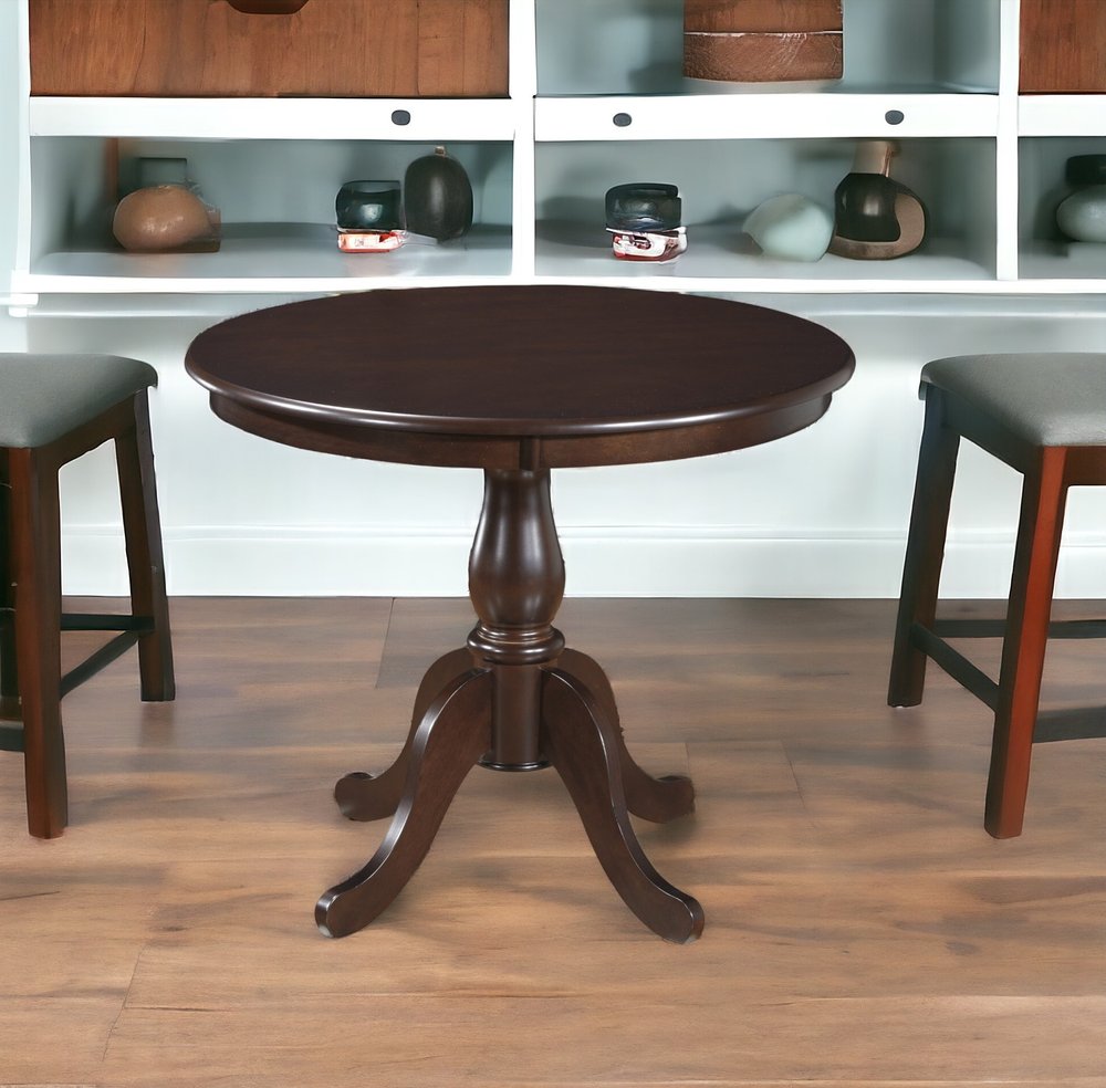 36" Espresso Rounded Solid Manufactured Wood And Solid Wood Pedestal Base Dining Table HomeRoots