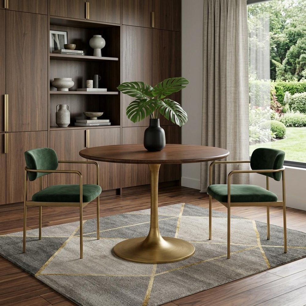 36" Brown And Gold Rounded Solid Wood And Iron Pedestal Base Dining Table HomeRoots