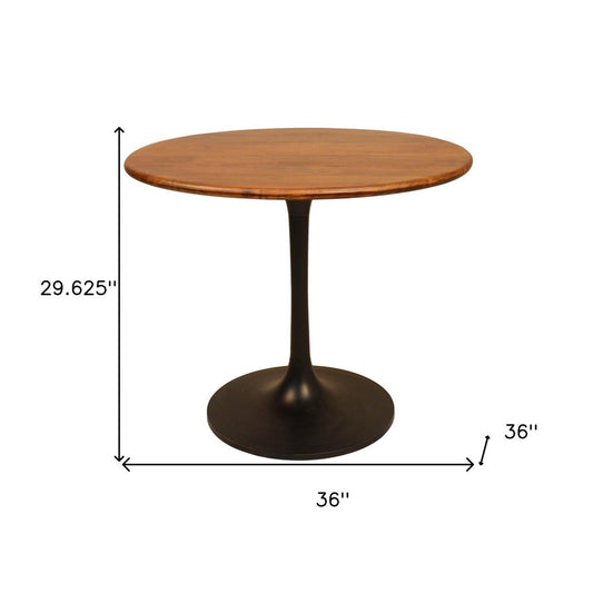 36" Brown And Black Rounded Solid Wood And Iron Pedestal Base Dining Table HomeRoots