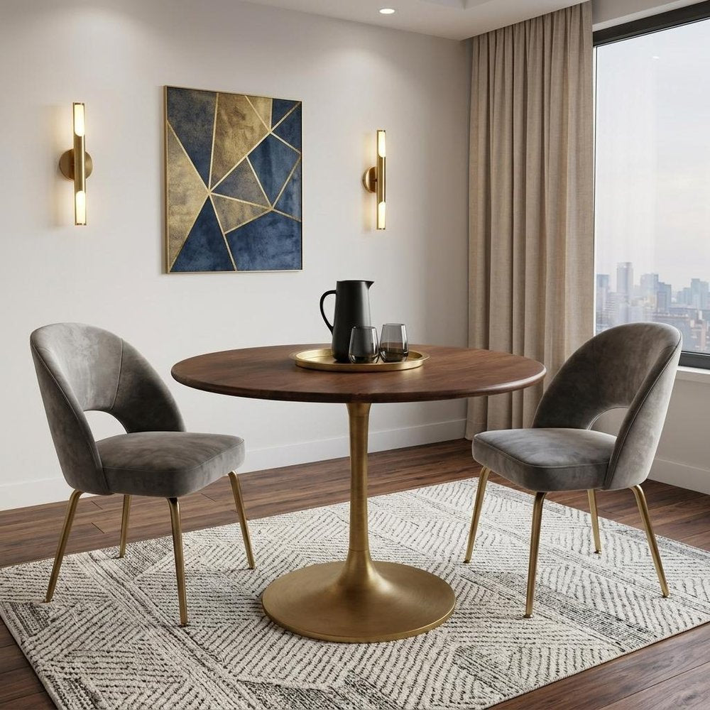 40" Brown And Gold Rounded Solid Wood And Iron Pedestal Base Dining Table HomeRoots