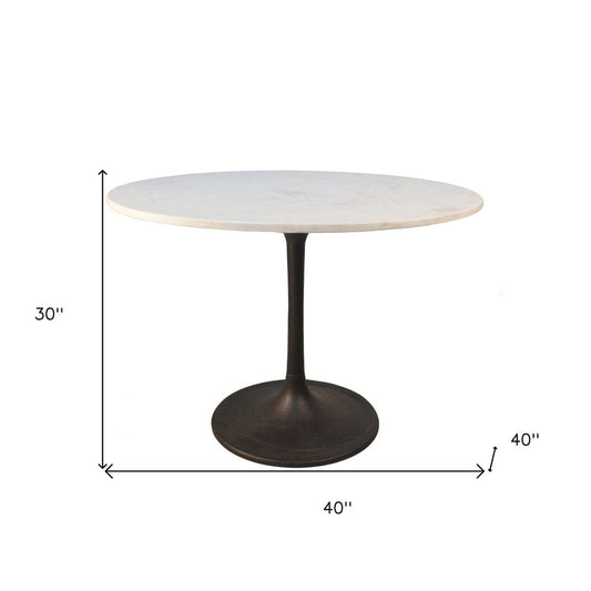 40" White And Black Rounded Marble And Iron Pedestal Base Dining Table HomeRoots