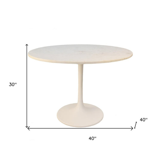 40" White Rounded Marble And Iron Pedestal Base Dining Table HomeRoots