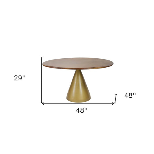 48" Brown And Gold Rounded Solid Wood And Iron Pedestal Base Dining Table HomeRoots