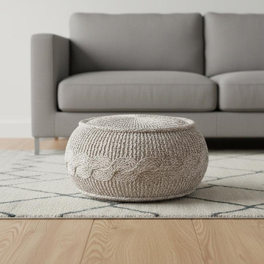 20" Beige Cotton Geometric Round Pouf Ottoman HomeRoots