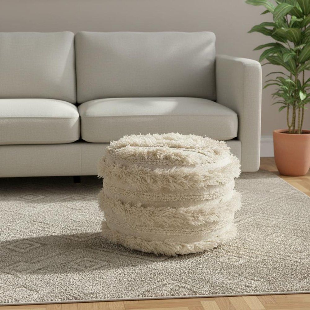 18" Ivory Cotton Striped Round Pouf Ottoman HomeRoots