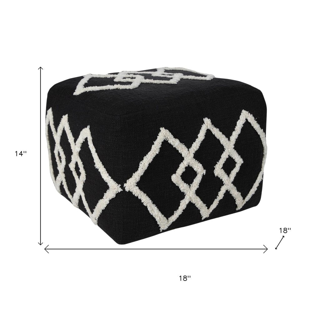 18" Black Cotton Geometric Pouf Ottoman HomeRoots