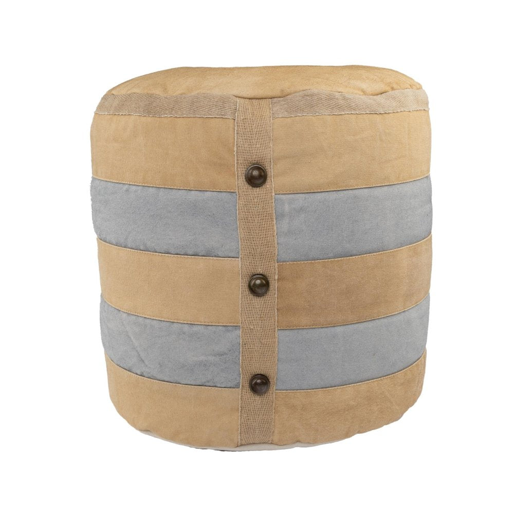 16" Tan Cotton Striped Cylinder Pouf Ottoman HomeRoots