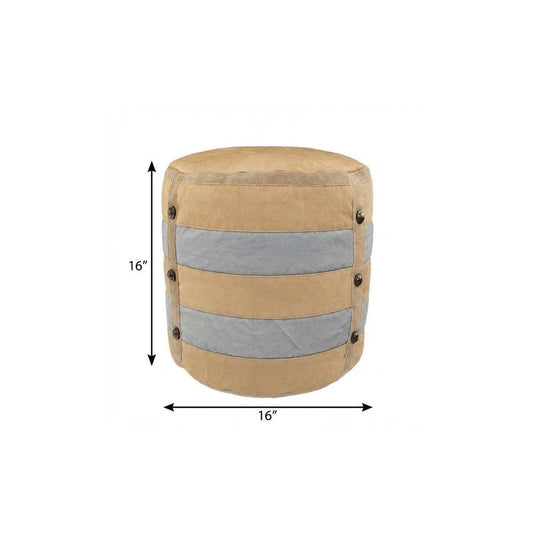 16" Tan Cotton Striped Cylinder Pouf Ottoman HomeRoots