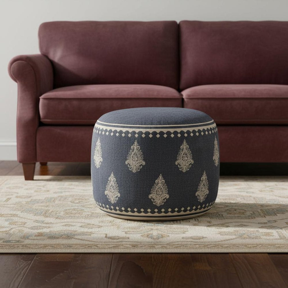 18" Blue Cotton Cylinder Paisley Pouf Ottoman HomeRoots