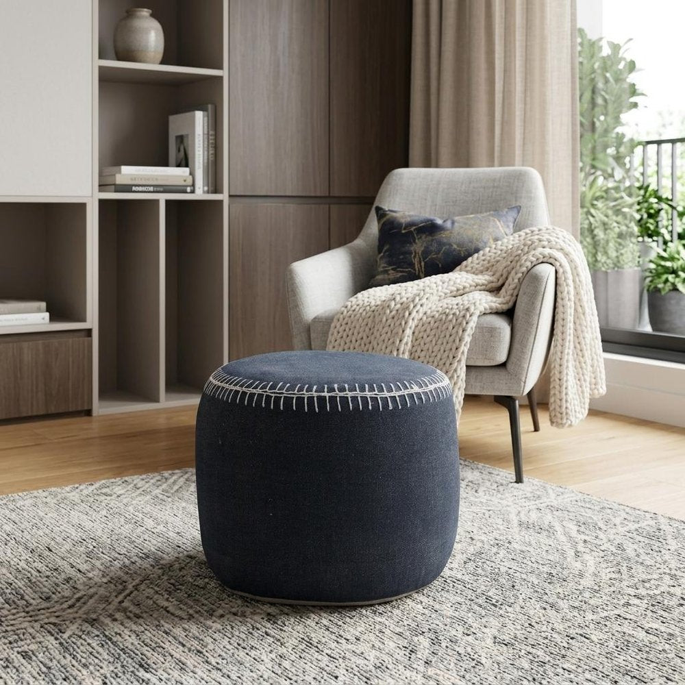 18" Blue Cotton Cylinder Striped Pouf Ottoman HomeRoots