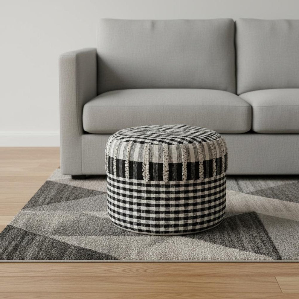 18" Black Cotton Cylinder Plaid Pouf Ottoman HomeRoots
