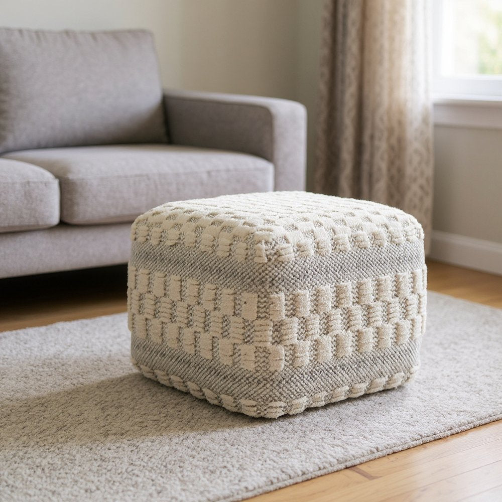 18" Beige Geometric Pouf Ottoman HomeRoots