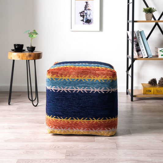 18" Blue And Orange Polyester Blend Striped Pouf Ottoman HomeRoots