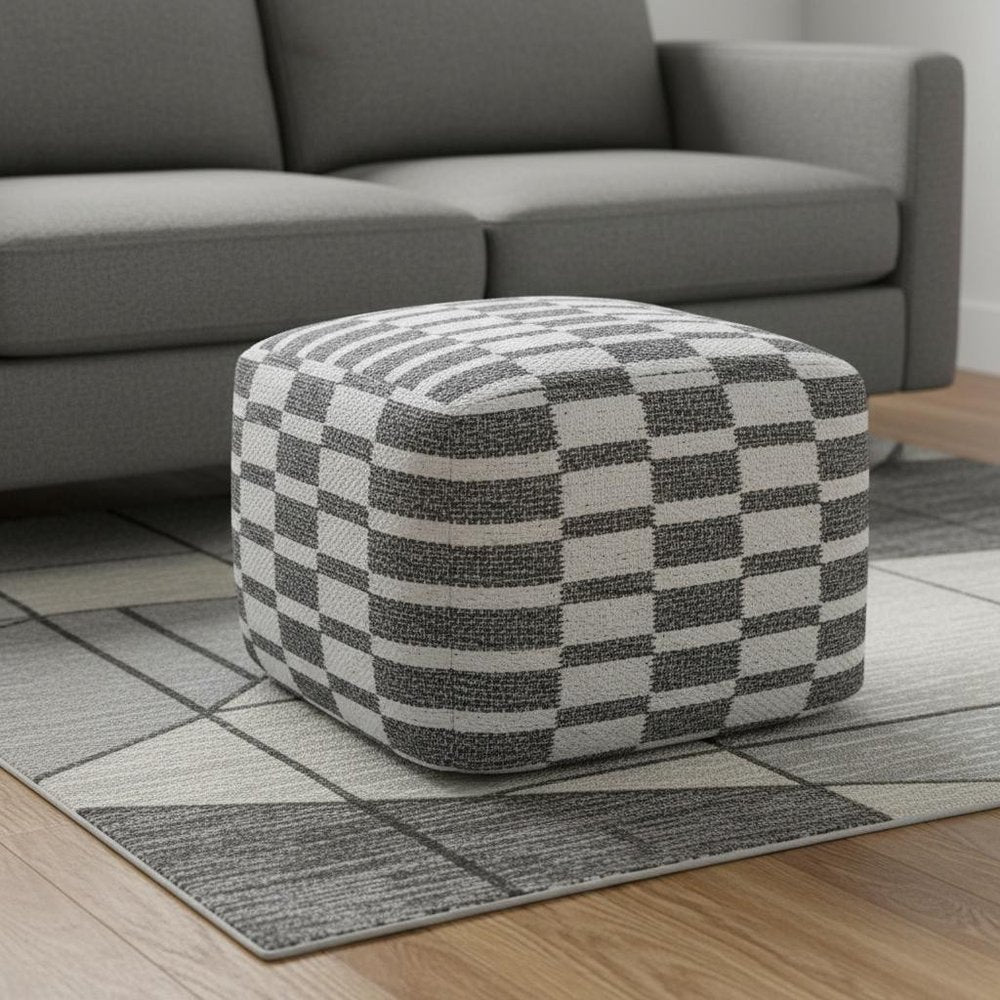 18" Gray Cotton Geometric Pouf Ottoman HomeRoots