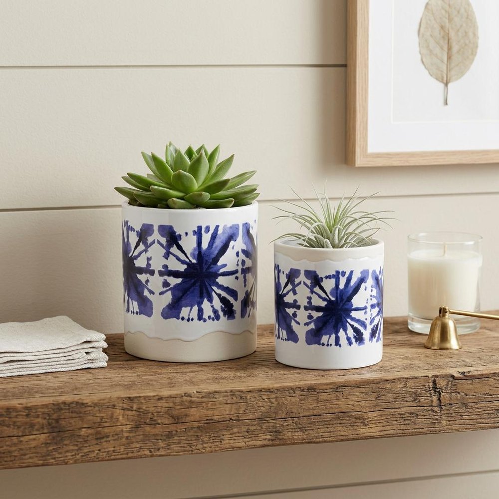 Set of Two White And Blue Ceramic 5 Ounce Abstract Round Pot Planters HomeRoots