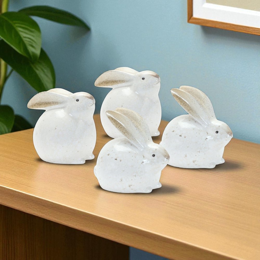 Set of Four White And Brown Terracotta Rabbit Figurines HomeRoots