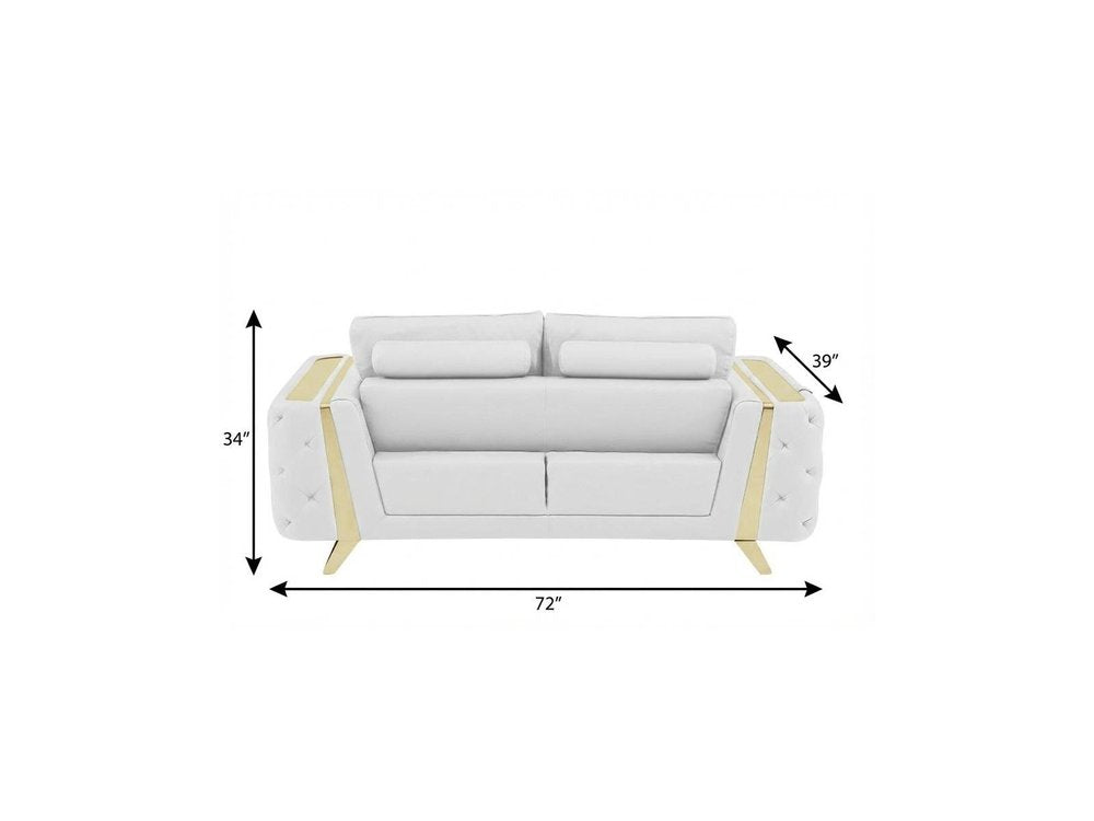 72" White And Gold Genuine Leather Loveseat HomeRoots
